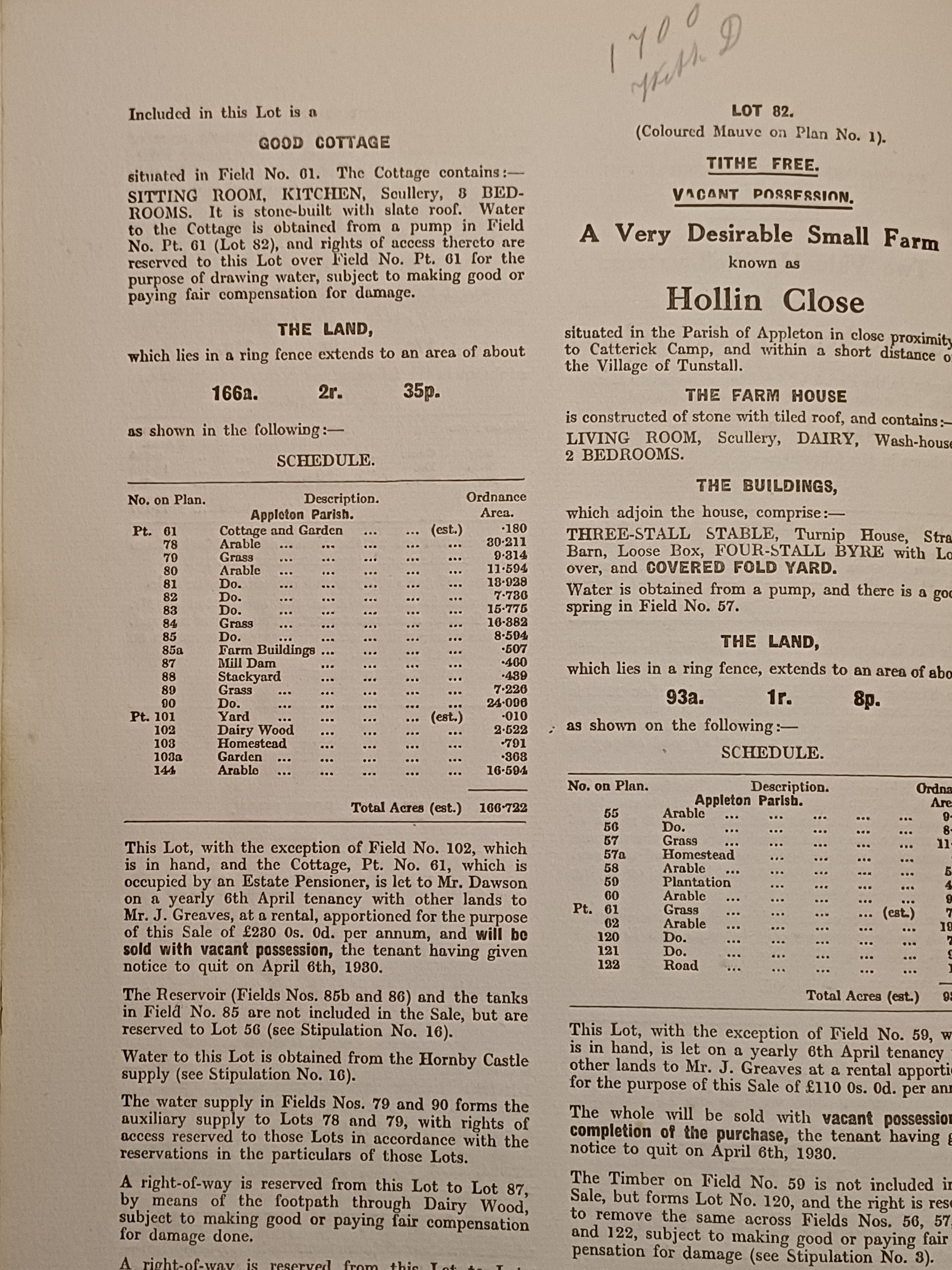 1930 sale document detailing Low Pasture